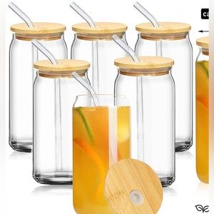 16oz  Blank beer Can Glasses Tumblers With Bamboo Lid And Straws Clear  6pcs